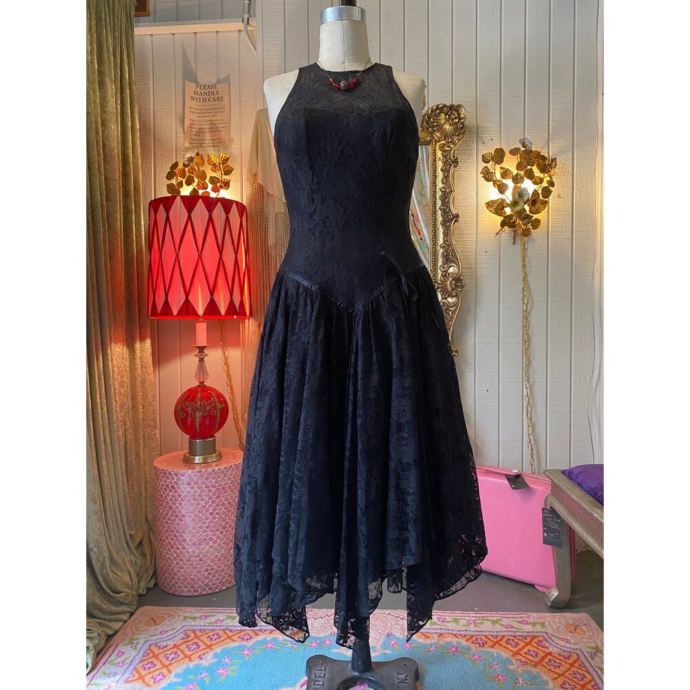 vintage 1980s black lace party dress 80s whimsygoth prom roberta small 27  goth